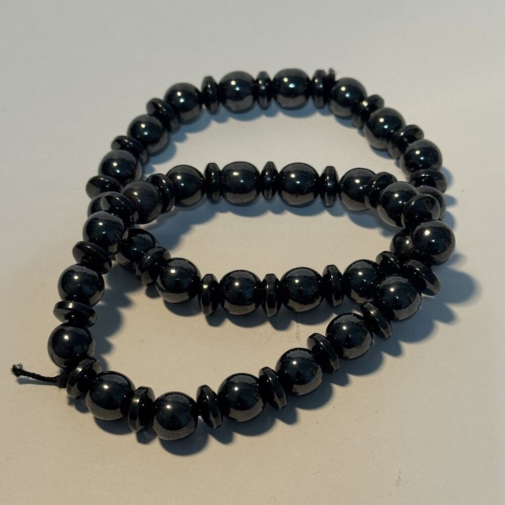 Natural Hematite Beaded Bracelets Set of 2 Stretch Elastic Stone Beads